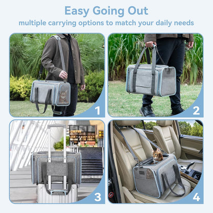 Expandable Small Cat Carriers Dog Carrier, Airline Approved Soft-Sided Portable Washable Pet Travel Carrier with Two Extension up to 9LB